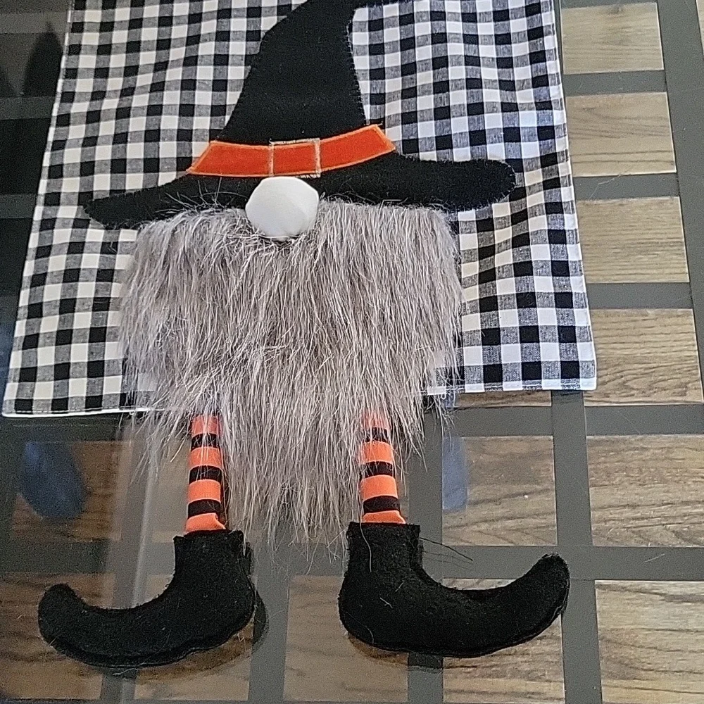 Halloween 100% Cotton Table Runner Checker White Witch Gnome Faux Fur Beard Long